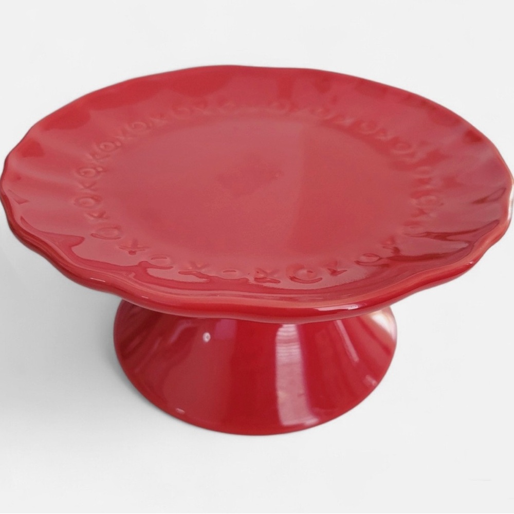 Pottery Barn Red Ceramic Dessert Stand XOXO Love Themed Small Pedestal